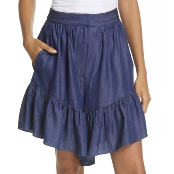 Tibi: Drape Ruffle Chambray Shorts - Picture 1 of 1